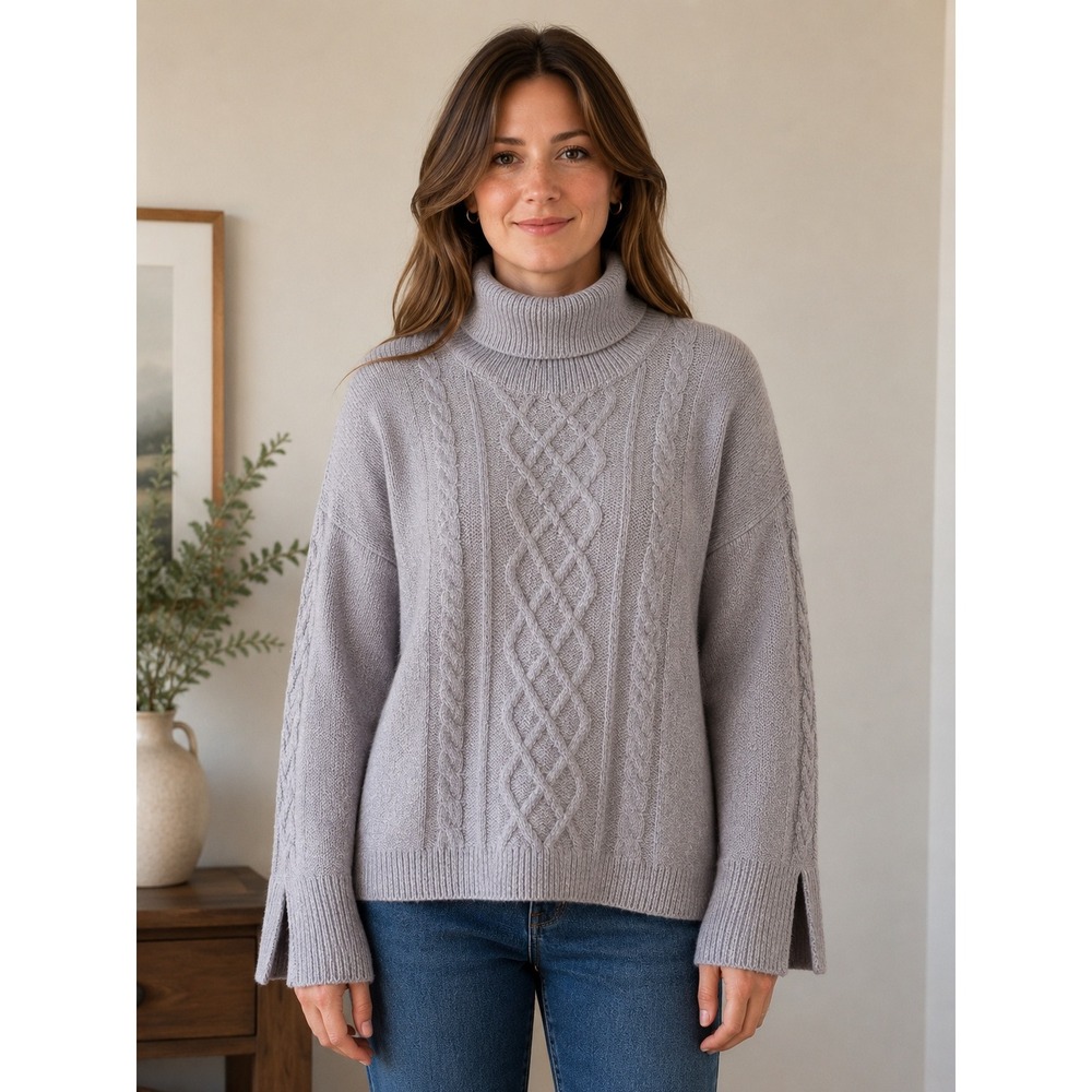 Ellen Tracy Turtleneck Sweater Womens Large Hrathered Gray Cable Knit Slit Cuff
